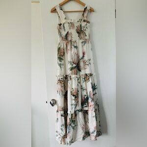 EXPRESS Floral Protea Flower Smock Maxi Dress White Cream Pink Brown Green XS